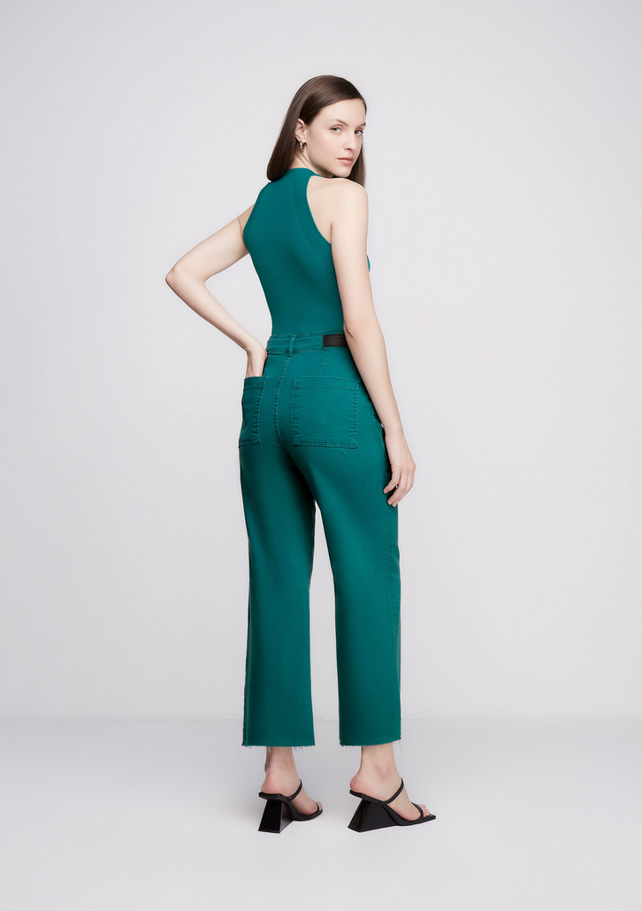 Calça Verde DZARM Em Sarja Wide Leg Slim Cintura Alta