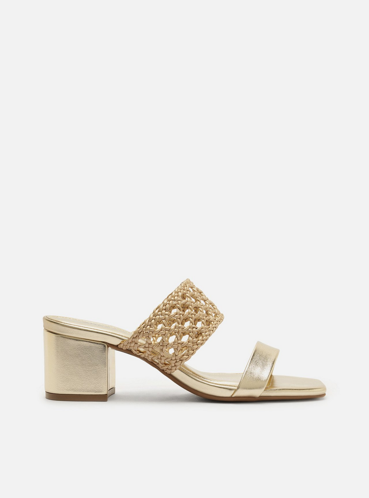 Sandália Dourada Bloco Tira Larga Tramada