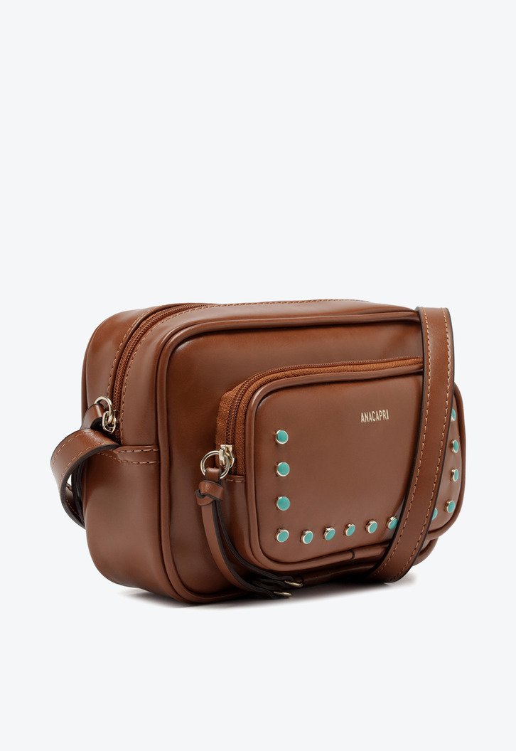 Bolsa Tiracolo Marrom Anacapri Média Tachas Bolso Frontal Cacau