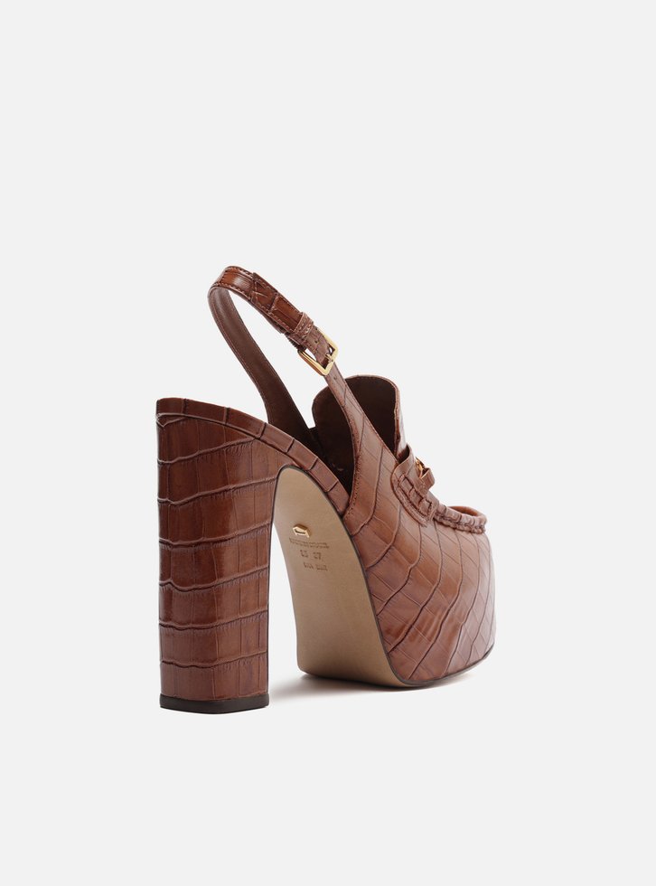 Loafer Marrom Croco Salto Bloco Meia Pata