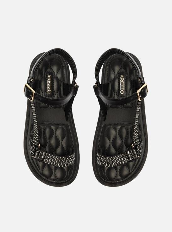 SANDÁLIA PAPETE FLATFORM PRETA AREZZO COURO GORGURÃO