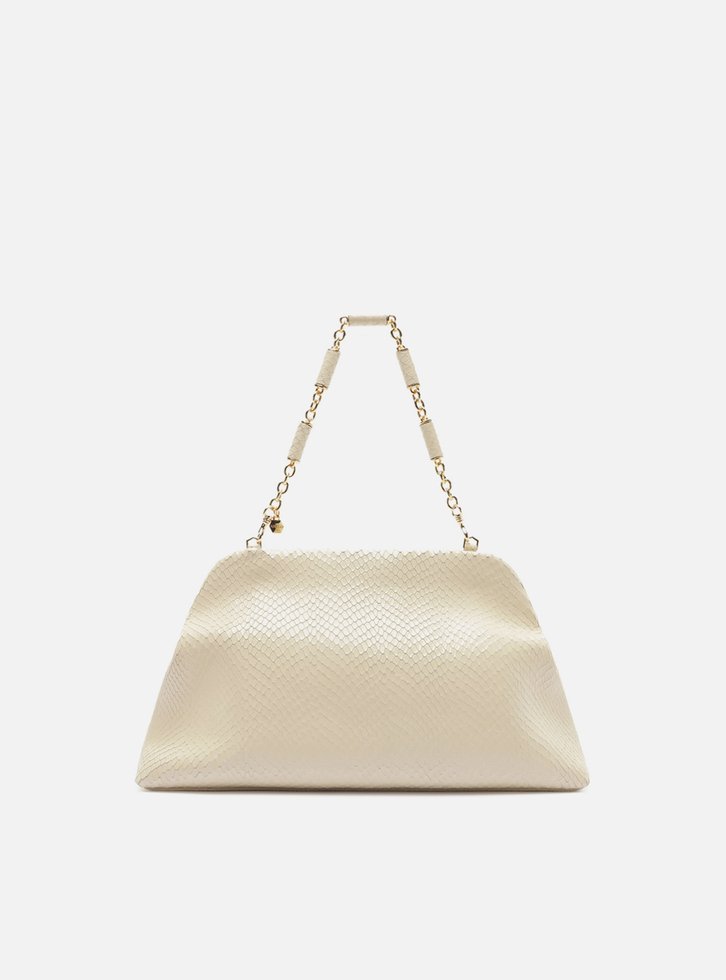 Bolsa Clutch Branca Couro Média Snake Corrente