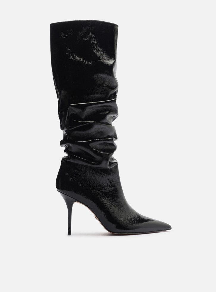 Bota Preta Couro Crinkle Cano Longo Salto Alto Slouch