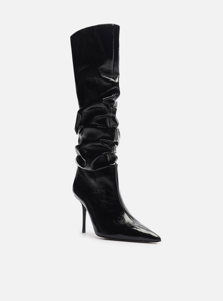 Bota Preta Couro Crinkle Cano Longo Salto Alto Slouch