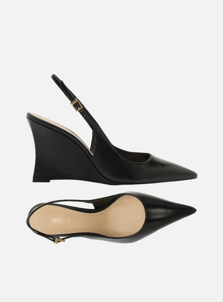 Scarpin Preto Couro Salto Alto Anabela Slingback
