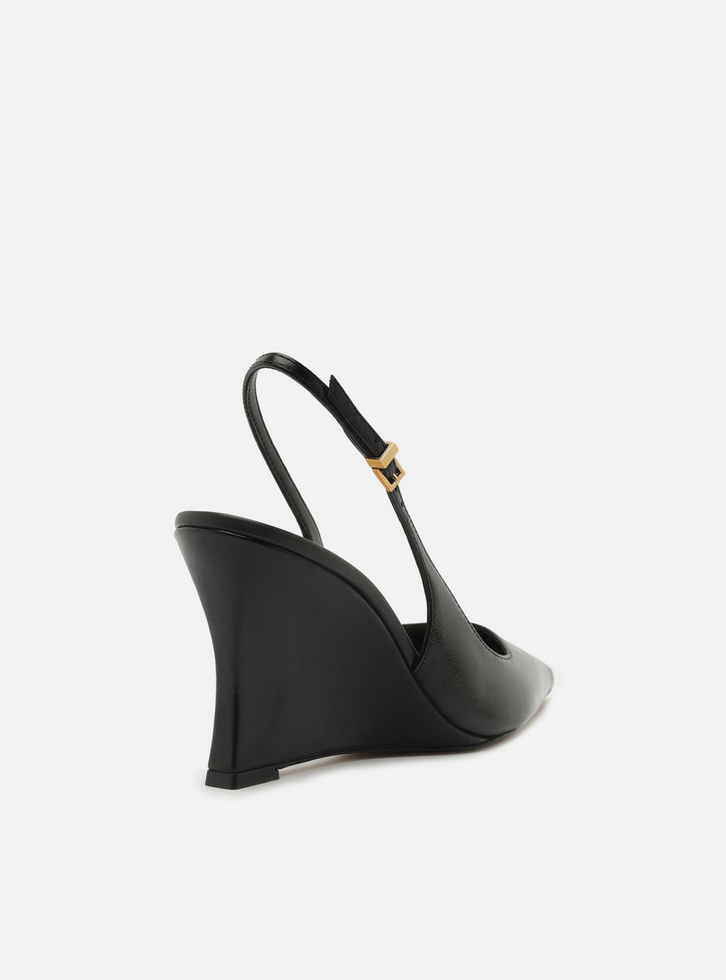 Scarpin Preto Couro Salto Alto Anabela Slingback