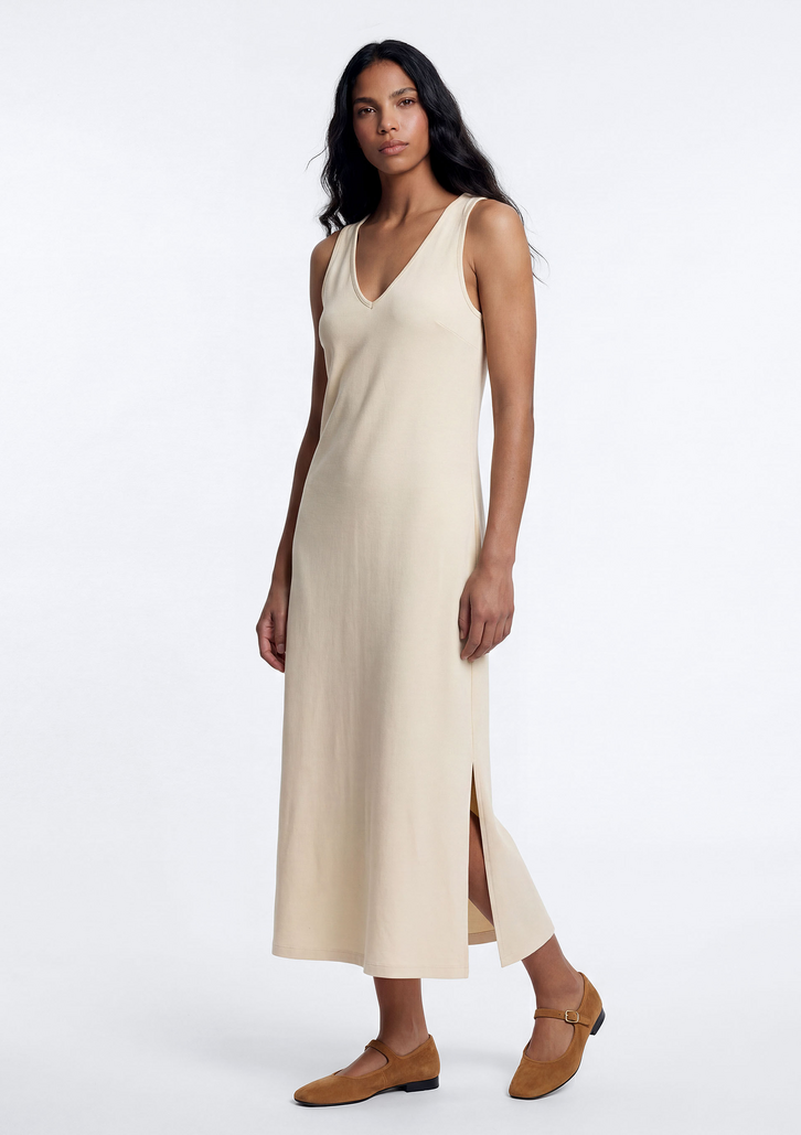 Vestido Bege Hering Midi Evasê Com Elastano