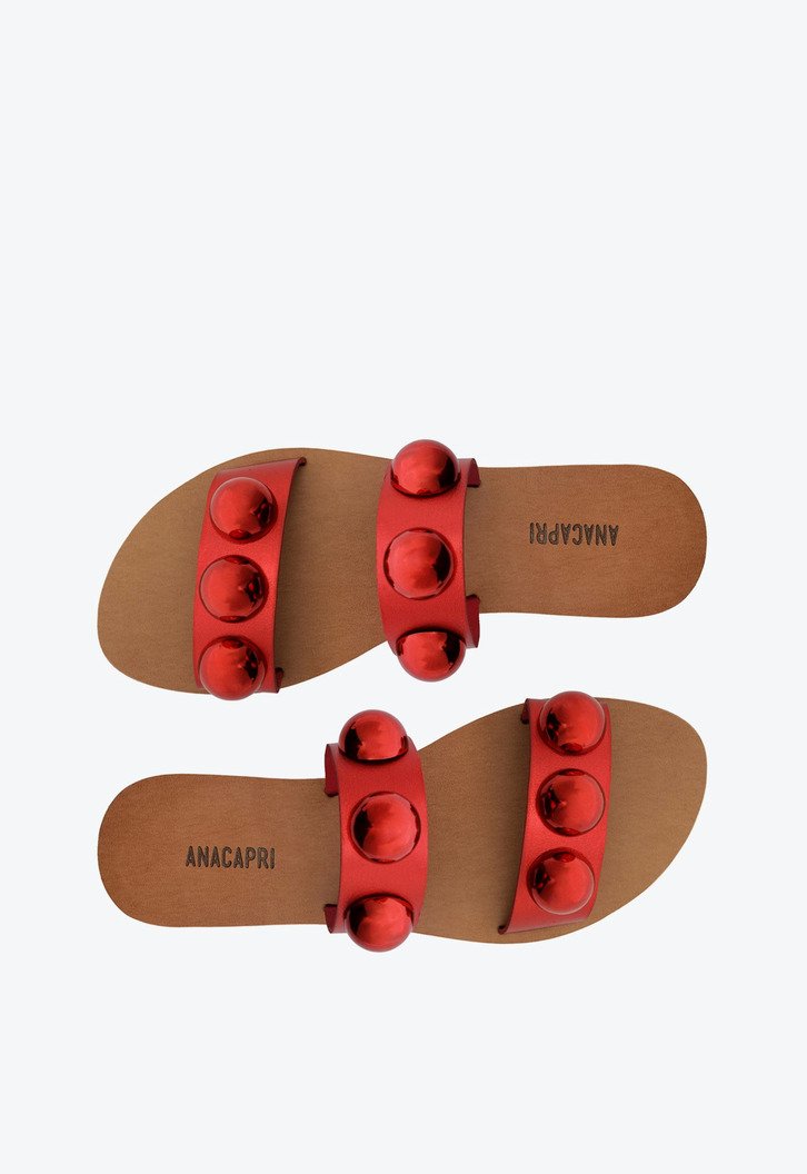 Rasteira Tiras Paralelas Esfera Pop Couro Vermelha