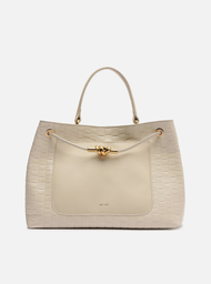 Bolsa Tote Branca Couro Tressê Grande Nó Metal