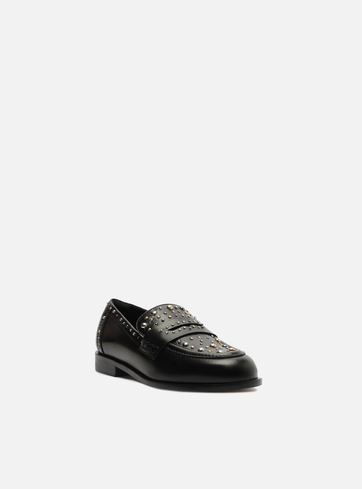 Mocassim Preto Couro Bico Redondo Aplicações