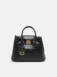 Bolsa Tote Preta Couro Média Croco Charm