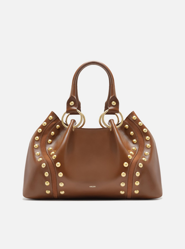 Bolsa Tote Marrom Couro Grande Rebites