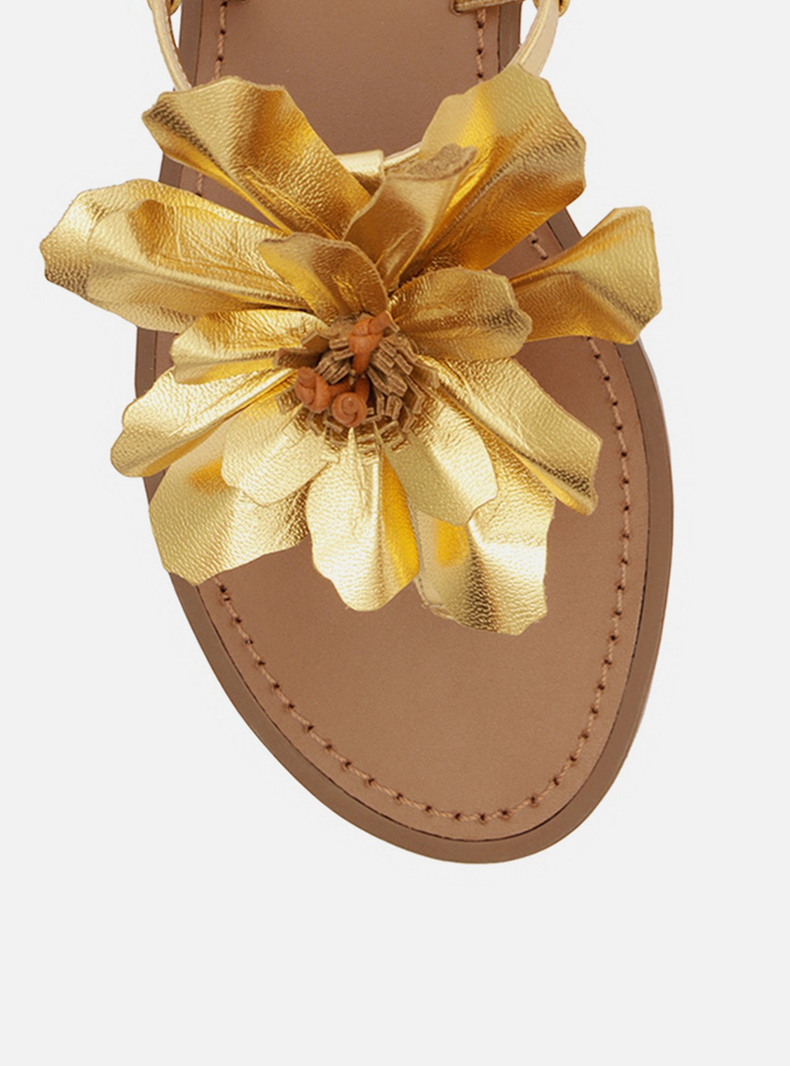 Sandália Rasteira Dourada Couro Slim Flor Marianne