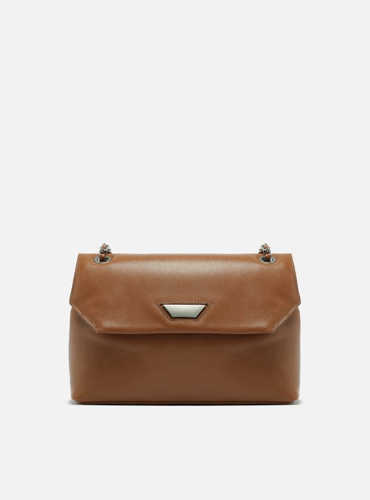 Bolsa Tiracolo Marrom Couro Média Lapela Metal