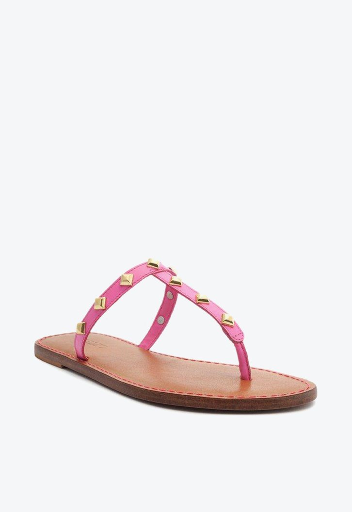 Sandália Rasteira Rosa Arezzo Couro Slim Studs Ella
