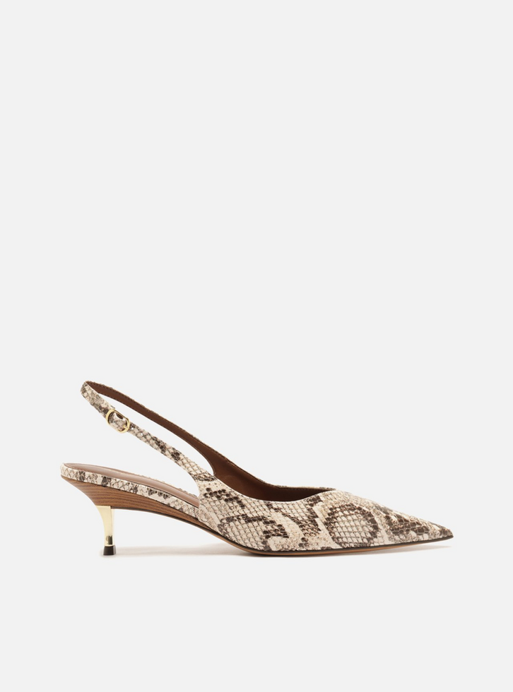 Scarpin Marrom Couro Slingback Salto Médio Dourado