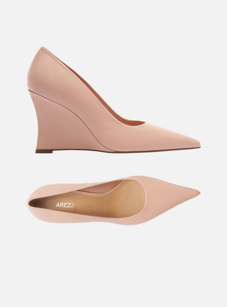 Scarpin Rosa Soft Couro Salto Anabela Bico Fino