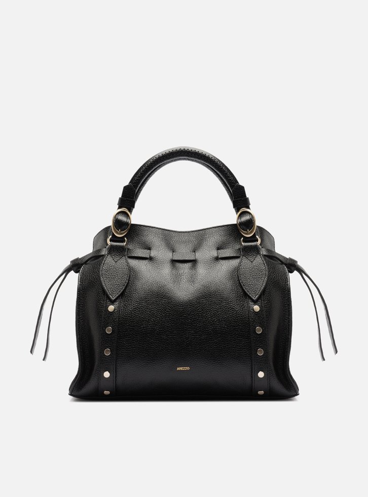 Bolsa Tote Preta Couro Média Rebites