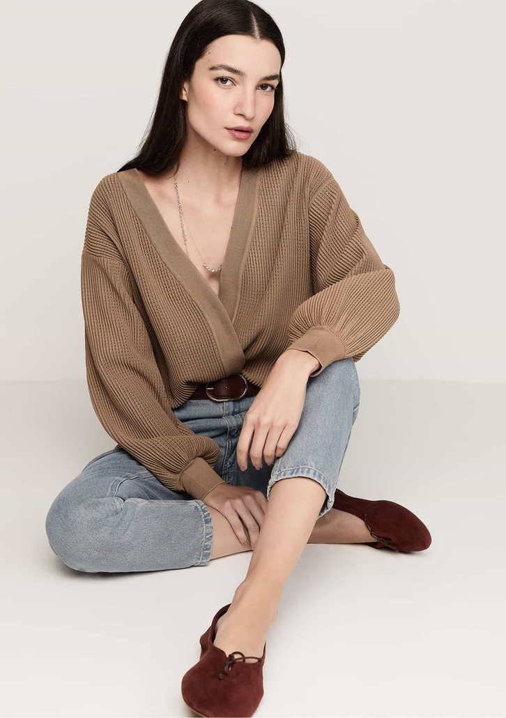 Cardigan Bege Dzarm Tricô com Manga Bufante