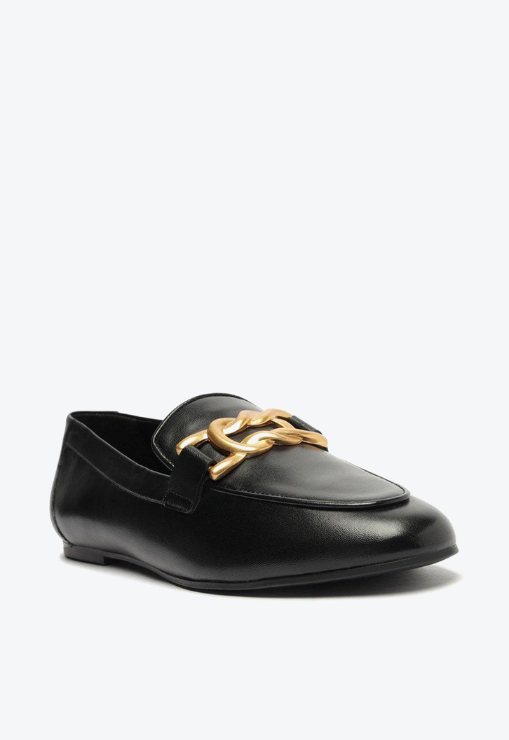 Mocassim Preto Arezzo Couro Metal Trança