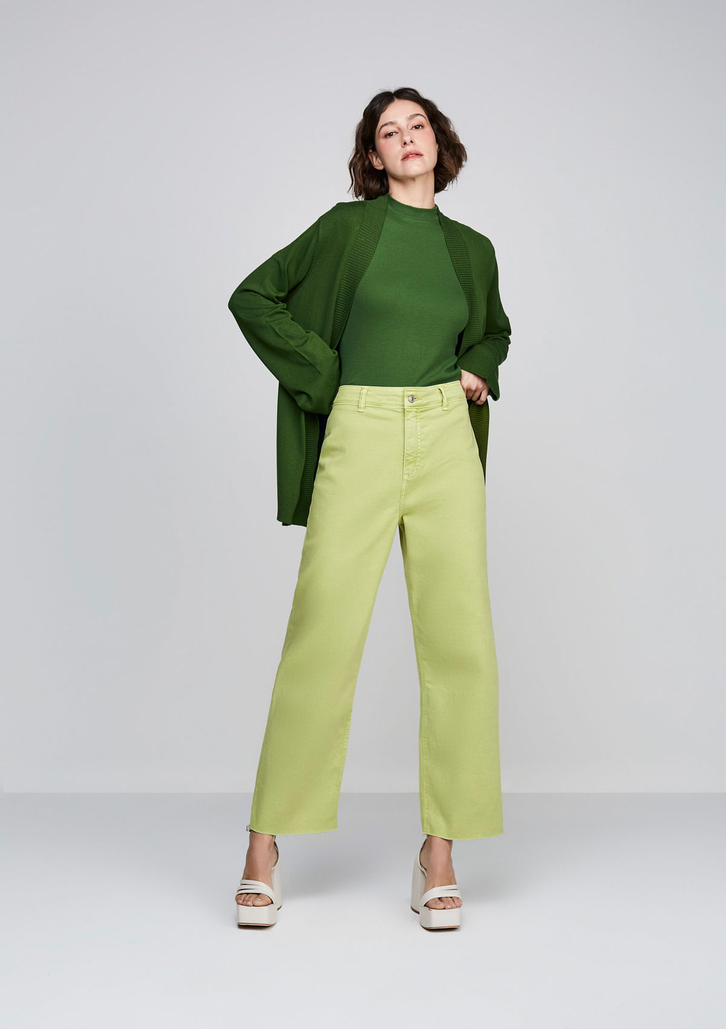 Calça Verde DZARM Em Sarja Wide Leg Slim Cintura Alta