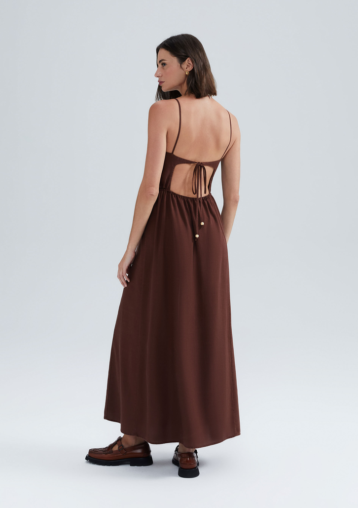 Vestido Marrom Hering Longo Evasê Com Fenda Eco