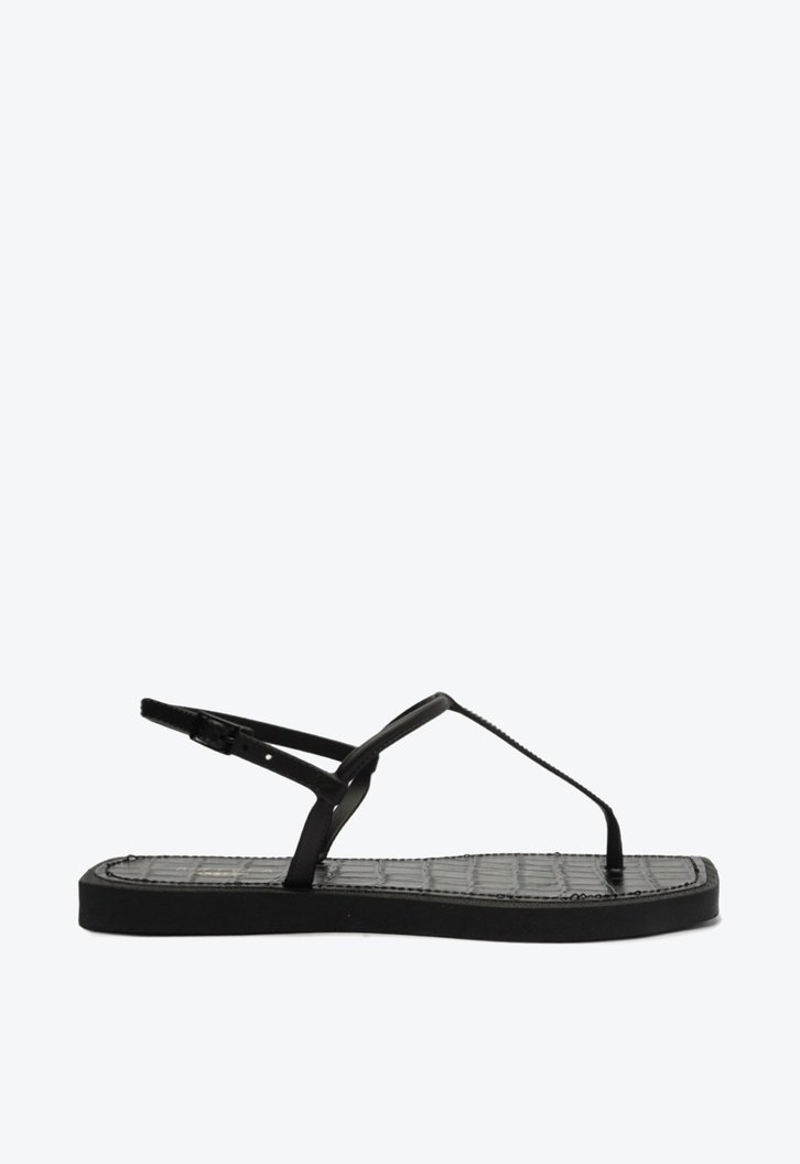 Kit Sandália Rasteira Preta Square Palmilha Croco e Bag
