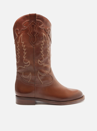 Bota Western Marrom Arezzo Pecan Couro Cano Longo Bordado