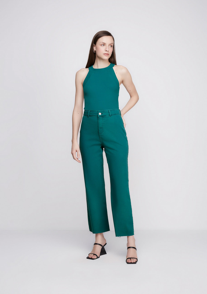 Calça Verde DZARM Em Sarja Wide Leg Slim Cintura Alta