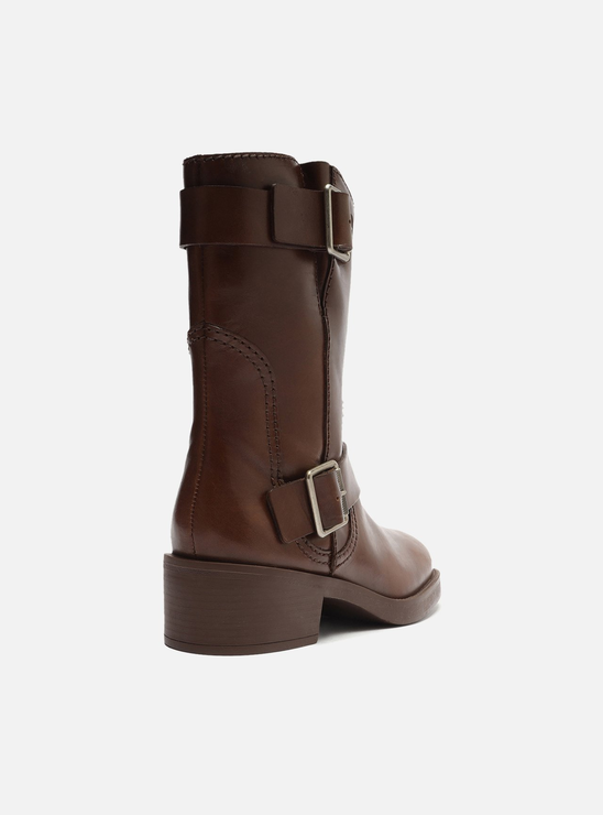 Bota Marrom Couro Cano Médio Fivelas