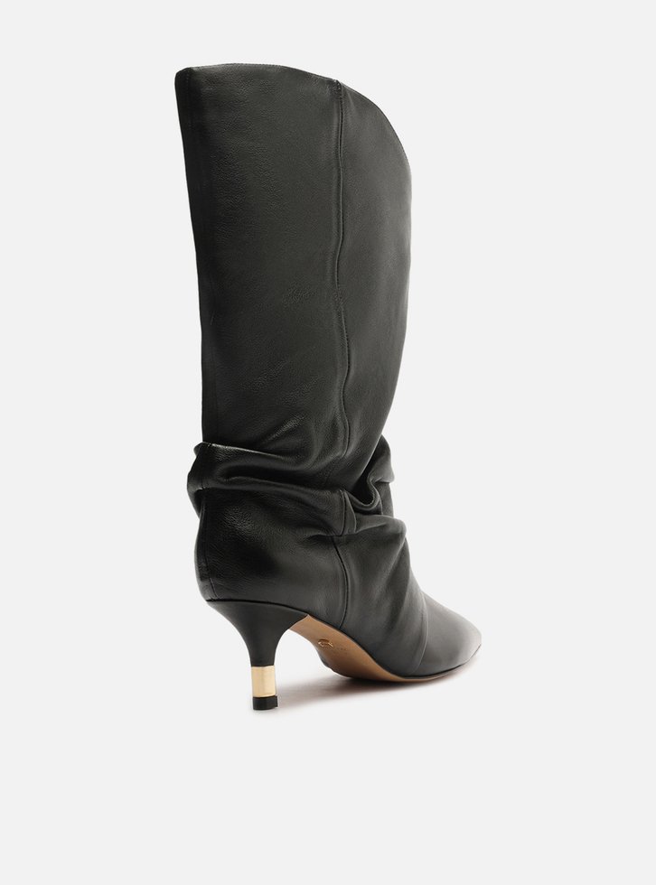 Bota Preta Couro Cano Médio Salto Fino Slouch