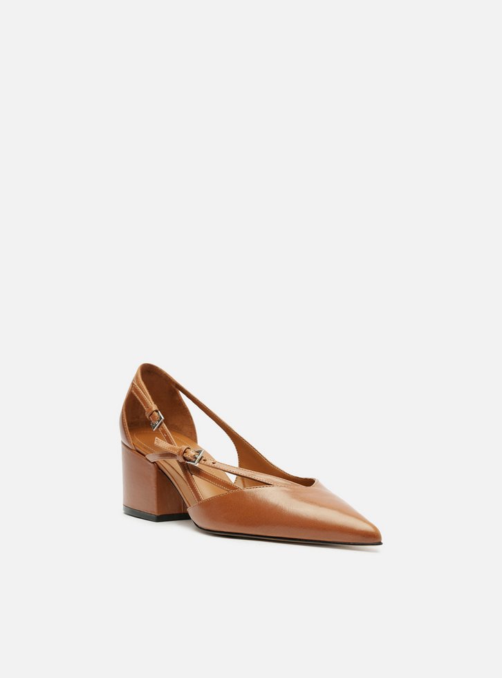 Scarpin Marrom Couro Bloco Semi Aberto Fivelas