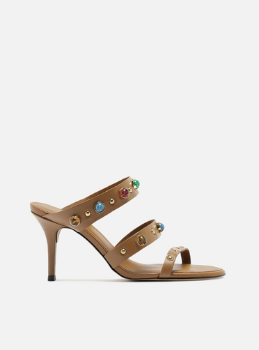 Sandália Marrom Couro Salto Fino Tiras Pedras