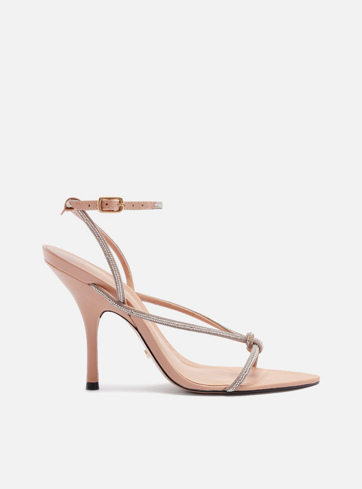 Sandália Bege Salto Alto Fino Strass Nó