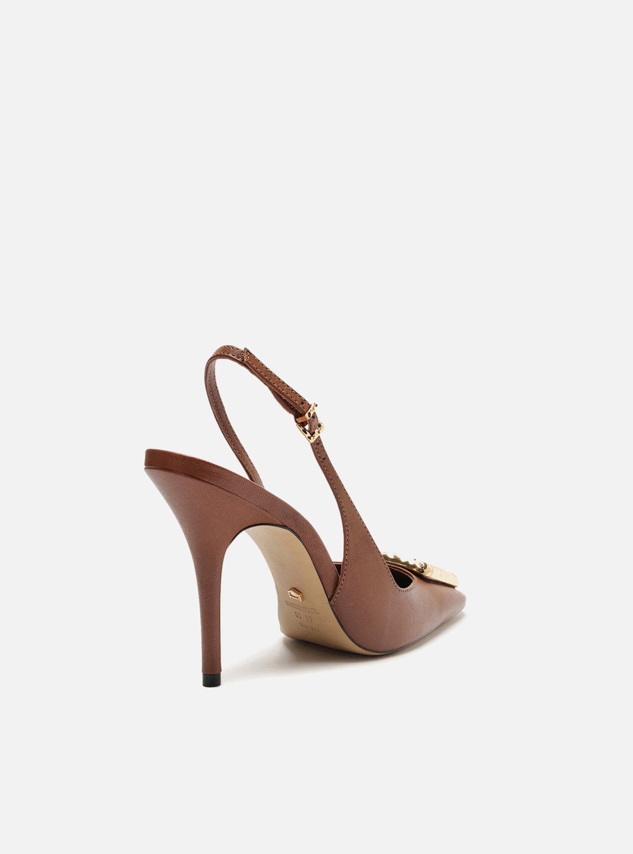 Scarpin Marrom Arezzo Couro Bico Quadrado Slingback Metal