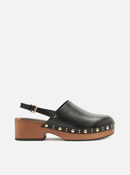 Mule Clog Preta Couro Salto Médio Tira