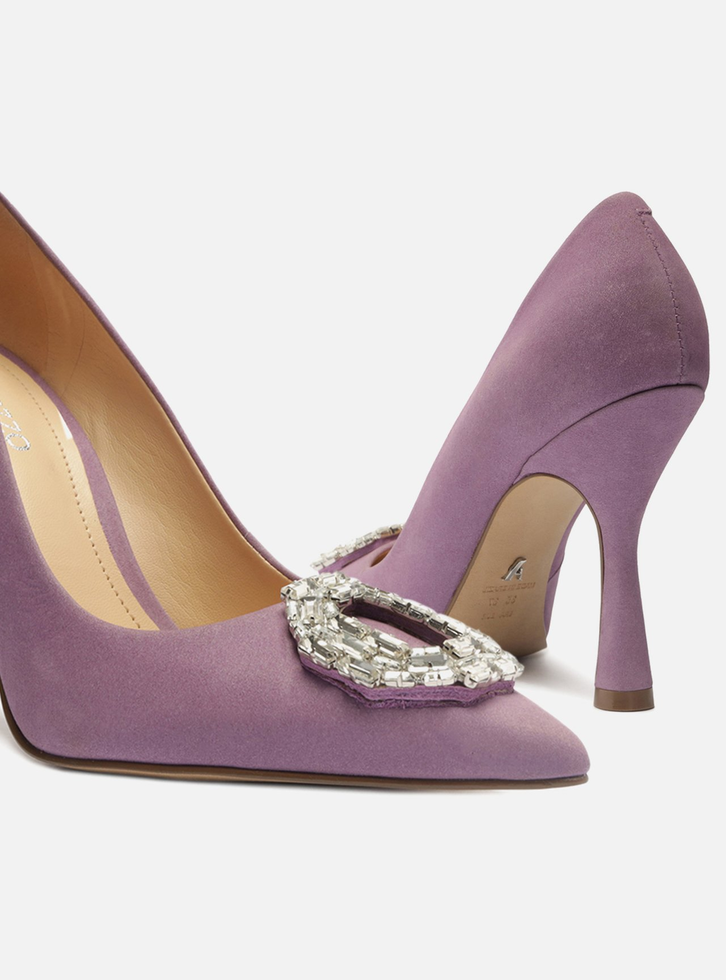 Scarpin Lilás Nobuck Bico Fino Pedraria