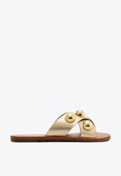 Rasteira Tiras Cruzadas Couro Adorno Dourada