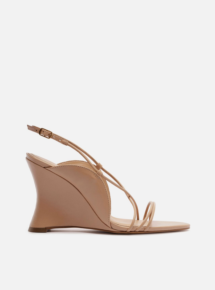 Sandália Bege Salto Anabela Curvo Tiras Finas
