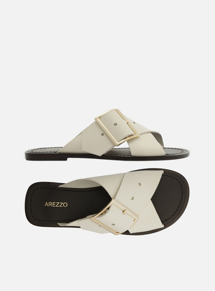 Rasteira Branca Couro Tiras Cruzadas Fivela