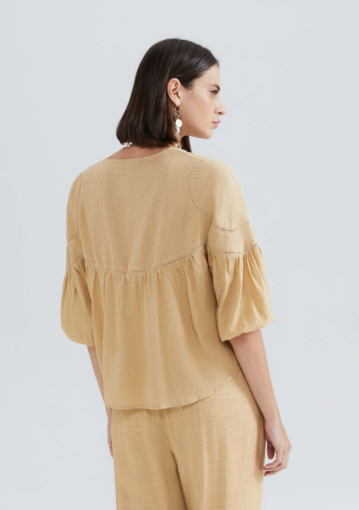 Blusa Feminina Manga 3/4 Maquinetada - Bege G