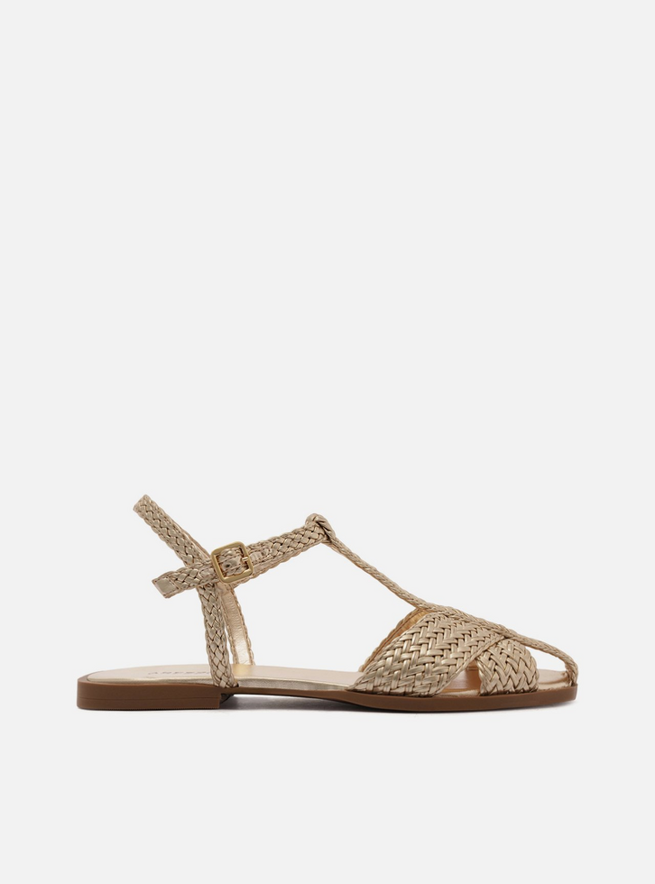 Sandália Rasteira Dourada Tiras Trançadas