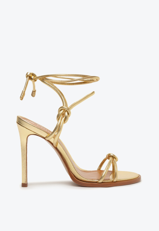 Sandália Salto Alto Nicky Couro Tiras Nós Dourada