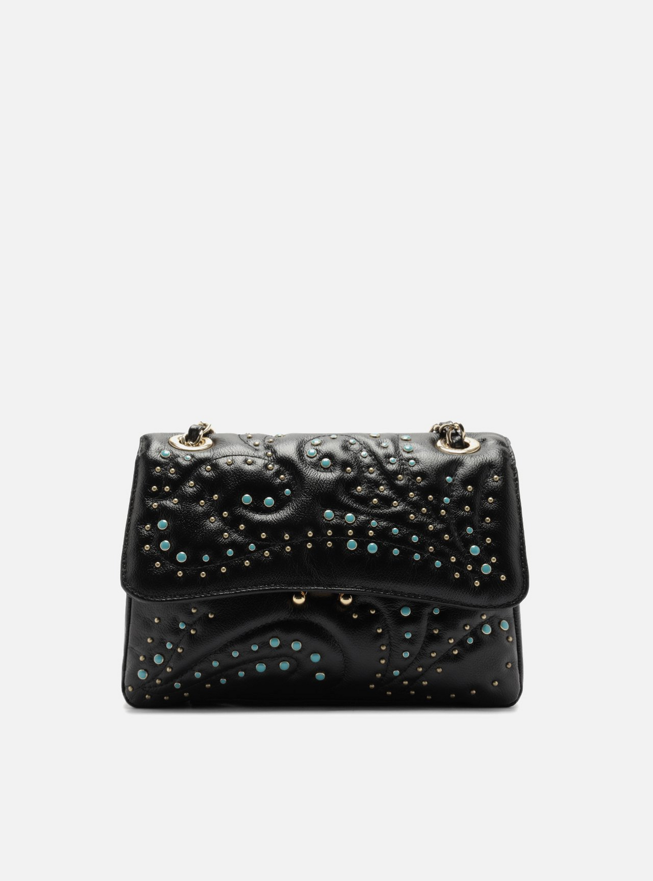 shiiz様 Bolsa Tiracolo Preta Couro Mizz Média Tachas Azuis | ZZ MALL