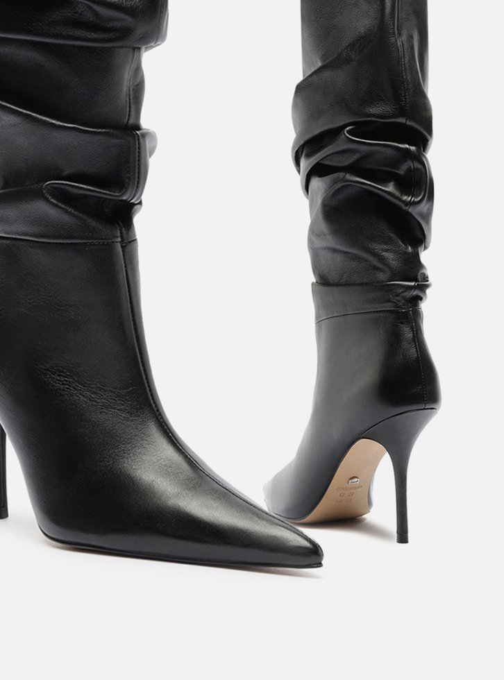 Bota Preta Couro Cano Longo Salto Alto Slouch