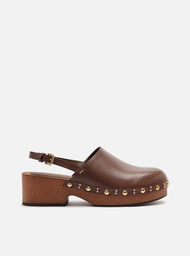 Mule Clog Marrom Couro Salto Médio Tira