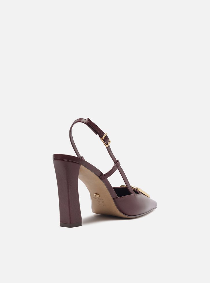 Scarpin Vinho Couro Salto Alto Slingback Metal
