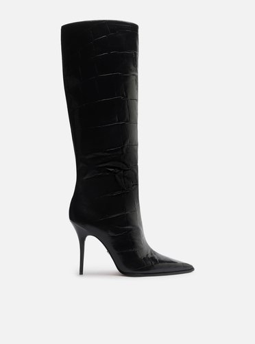 Bota Preta Croco Salto Alto Cano Médio Bico Fino