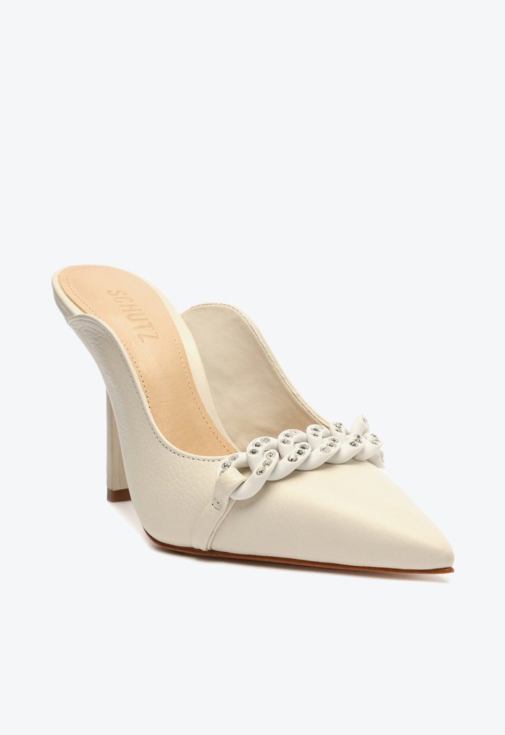 Sapato Mule Scarpin Couro Enfeite Branco