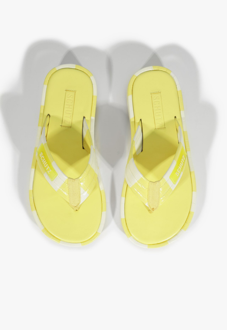 Chinelo Couro Croco Listras Amarelo Neon